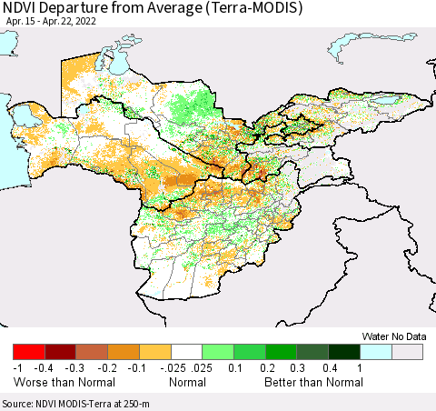 Central Asia NDVI Departure from Average (Terra-MODIS) Thematic Map For 4/15/2022 - 4/22/2022