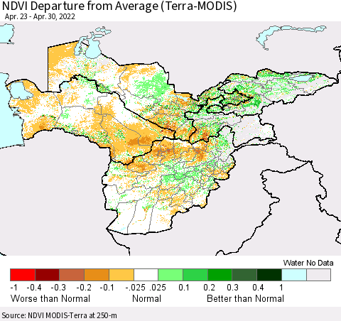 Central Asia NDVI Departure from Average (Terra-MODIS) Thematic Map For 4/23/2022 - 4/30/2022