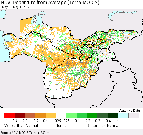 Central Asia NDVI Departure from Average (Terra-MODIS) Thematic Map For 5/1/2022 - 5/8/2022