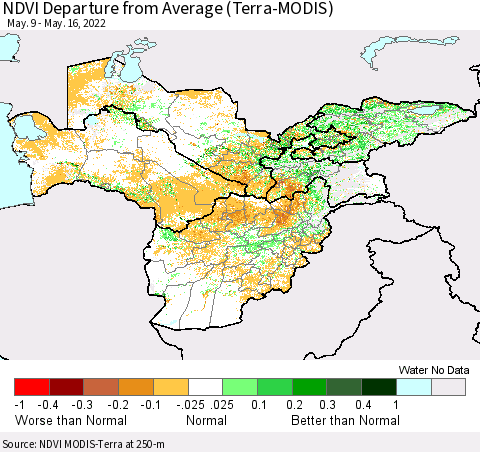 Central Asia NDVI Departure from Average (Terra-MODIS) Thematic Map For 5/9/2022 - 5/16/2022