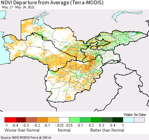 Central Asia NDVI Departure from Average (Terra-MODIS) Thematic Map For 5/17/2022 - 5/24/2022