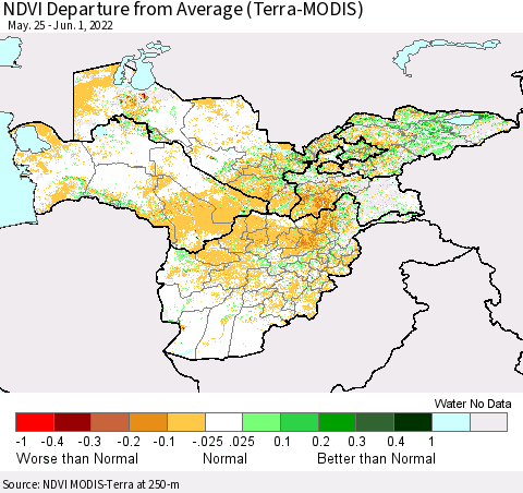 Central Asia NDVI Departure from Average (Terra-MODIS) Thematic Map For 5/25/2022 - 6/1/2022