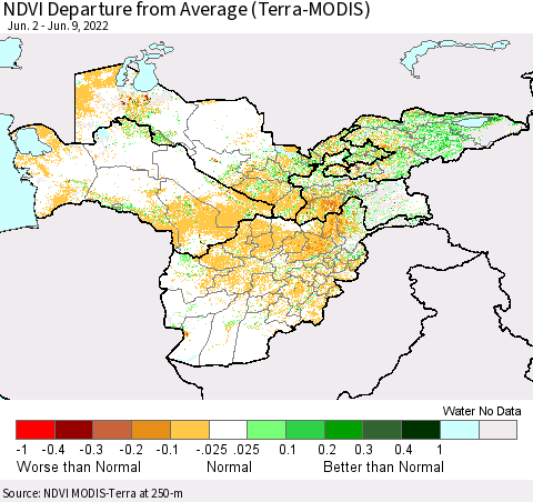 Central Asia NDVI Departure from Average (Terra-MODIS) Thematic Map For 6/2/2022 - 6/9/2022