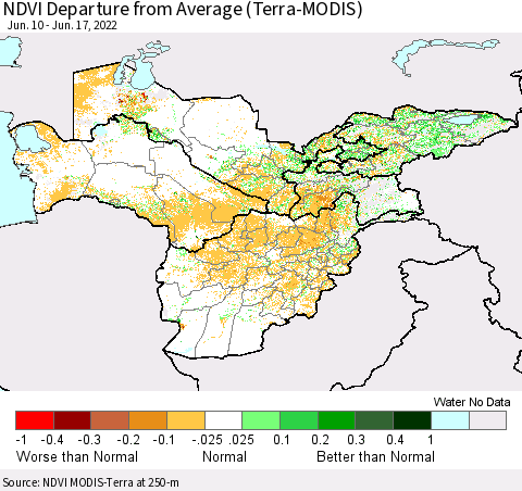 Central Asia NDVI Departure from Average (Terra-MODIS) Thematic Map For 6/10/2022 - 6/17/2022
