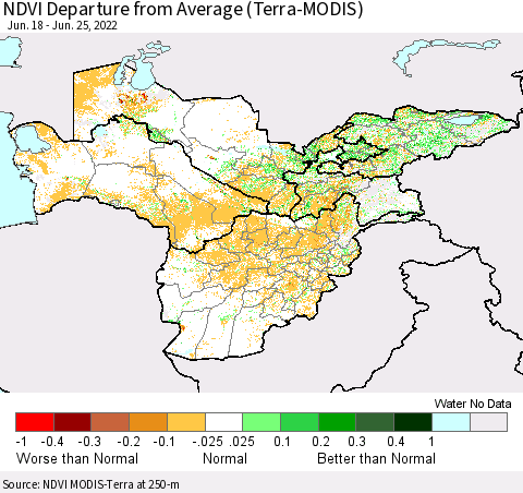 Central Asia NDVI Departure from Average (Terra-MODIS) Thematic Map For 6/18/2022 - 6/25/2022