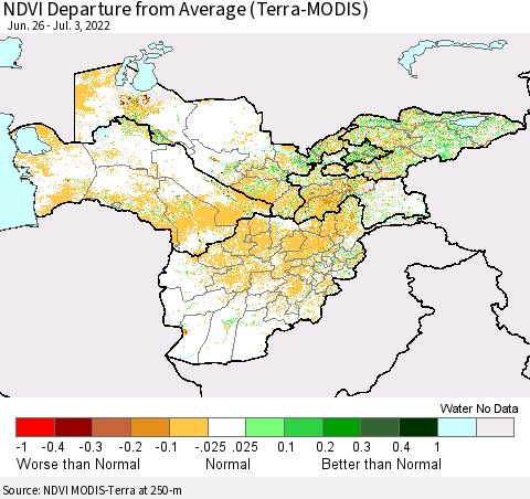 Central Asia NDVI Departure from Average (Terra-MODIS) Thematic Map For 6/26/2022 - 7/3/2022