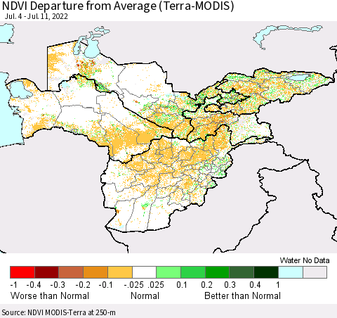 Central Asia NDVI Departure from Average (Terra-MODIS) Thematic Map For 7/4/2022 - 7/11/2022
