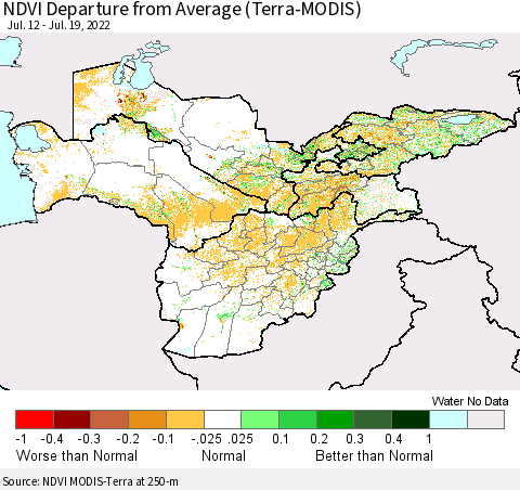 Central Asia NDVI Departure from Average (Terra-MODIS) Thematic Map For 7/12/2022 - 7/19/2022