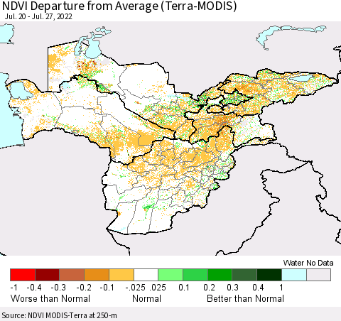 Central Asia NDVI Departure from Average (Terra-MODIS) Thematic Map For 7/20/2022 - 7/27/2022