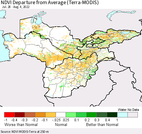 Central Asia NDVI Departure from Average (Terra-MODIS) Thematic Map For 7/28/2022 - 8/4/2022