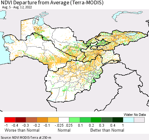Central Asia NDVI Departure from Average (Terra-MODIS) Thematic Map For 8/5/2022 - 8/12/2022