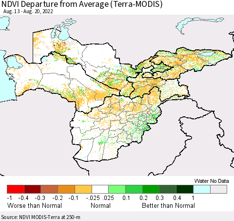 Central Asia NDVI Departure from Average (Terra-MODIS) Thematic Map For 8/13/2022 - 8/20/2022