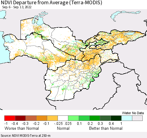 Central Asia NDVI Departure from Average (Terra-MODIS) Thematic Map For 9/6/2022 - 9/13/2022
