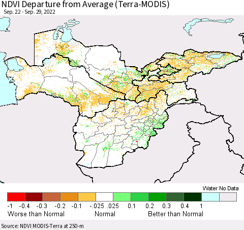 Central Asia NDVI Departure from Average (Terra-MODIS) Thematic Map For 9/22/2022 - 9/29/2022