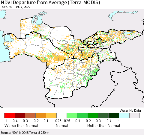Central Asia NDVI Departure from Average (Terra-MODIS) Thematic Map For 9/30/2022 - 10/7/2022