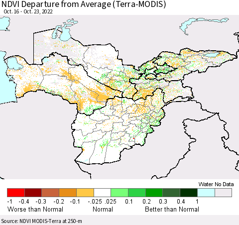 Central Asia NDVI Departure from Average (Terra-MODIS) Thematic Map For 10/16/2022 - 10/23/2022