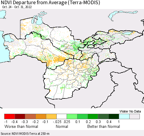 Central Asia NDVI Departure from Average (Terra-MODIS) Thematic Map For 10/24/2022 - 10/31/2022
