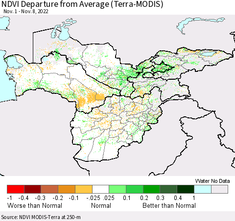 Central Asia NDVI Departure from Average (Terra-MODIS) Thematic Map For 11/1/2022 - 11/8/2022