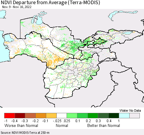 Central Asia NDVI Departure from Average (Terra-MODIS) Thematic Map For 11/9/2022 - 11/16/2022