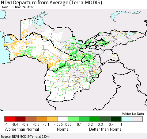 Central Asia NDVI Departure from Average (Terra-MODIS) Thematic Map For 11/17/2022 - 11/24/2022