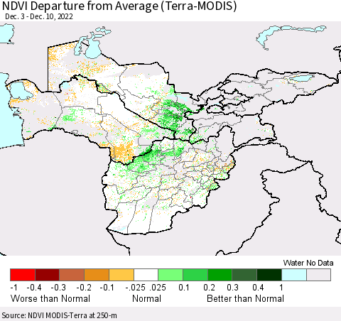 Central Asia NDVI Departure from Average (Terra-MODIS) Thematic Map For 12/3/2022 - 12/10/2022
