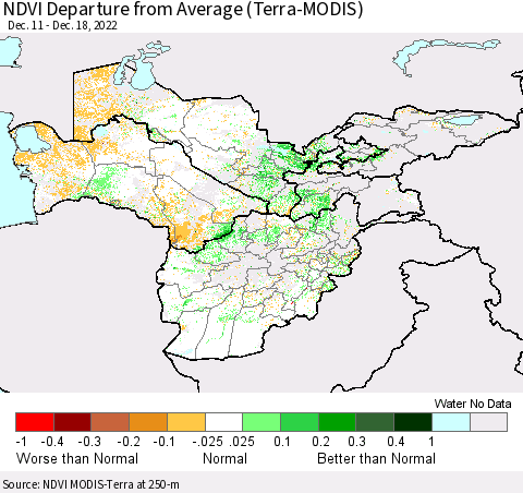 Central Asia NDVI Departure from Average (Terra-MODIS) Thematic Map For 12/11/2022 - 12/18/2022