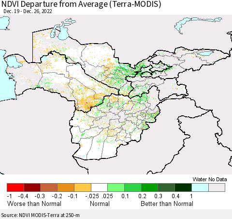 Central Asia NDVI Departure from Average (Terra-MODIS) Thematic Map For 12/19/2022 - 12/26/2022