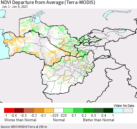Central Asia NDVI Departure from Average (Terra-MODIS) Thematic Map For 1/1/2023 - 1/8/2023