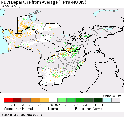 Central Asia NDVI Departure from Average (Terra-MODIS) Thematic Map For 1/9/2023 - 1/16/2023