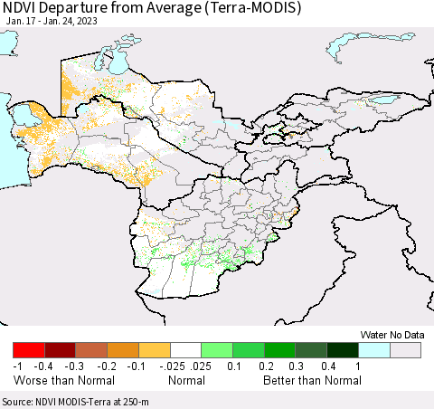 Central Asia NDVI Departure from Average (Terra-MODIS) Thematic Map For 1/17/2023 - 1/24/2023