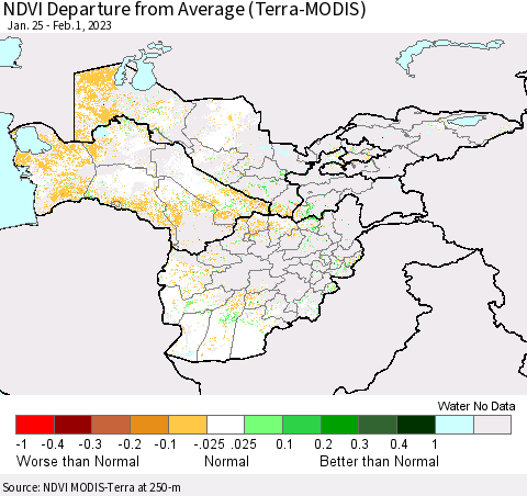 Central Asia NDVI Departure from Average (Terra-MODIS) Thematic Map For 1/25/2023 - 2/1/2023