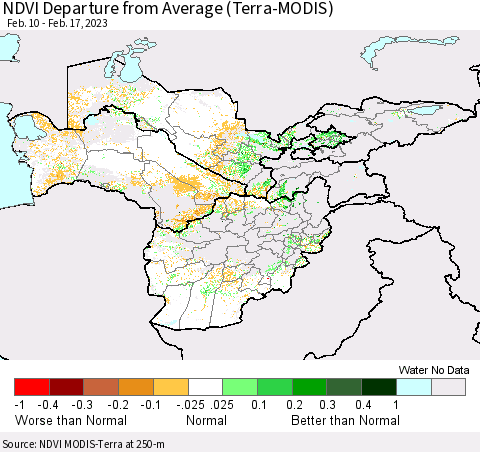 Central Asia NDVI Departure from Average (Terra-MODIS) Thematic Map For 2/10/2023 - 2/17/2023