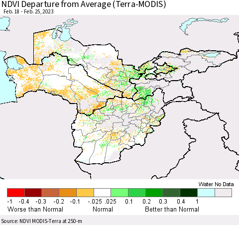 Central Asia NDVI Departure from Average (Terra-MODIS) Thematic Map For 2/18/2023 - 2/25/2023