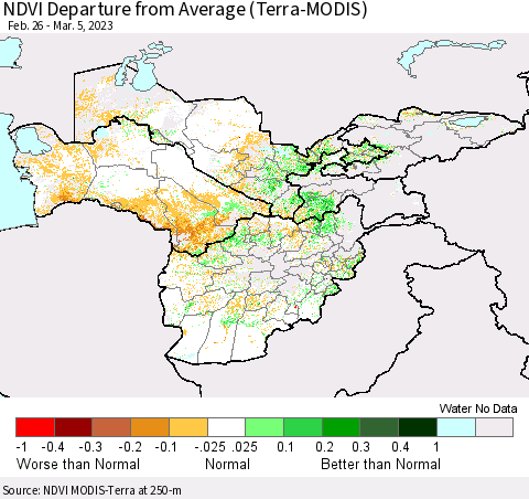 Central Asia NDVI Departure from Average (Terra-MODIS) Thematic Map For 2/26/2023 - 3/5/2023
