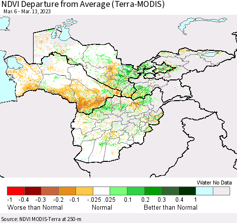Central Asia NDVI Departure from Average (Terra-MODIS) Thematic Map For 3/6/2023 - 3/13/2023
