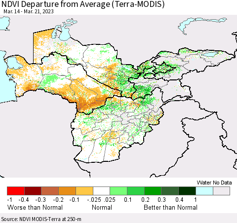 Central Asia NDVI Departure from Average (Terra-MODIS) Thematic Map For 3/14/2023 - 3/21/2023