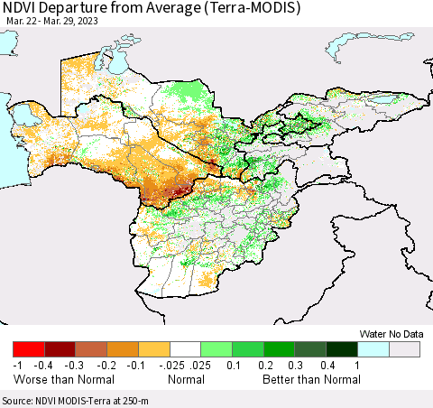 Central Asia NDVI Departure from Average (Terra-MODIS) Thematic Map For 3/22/2023 - 3/29/2023