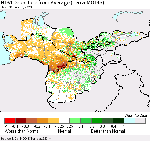 Central Asia NDVI Departure from Average (Terra-MODIS) Thematic Map For 3/30/2023 - 4/6/2023