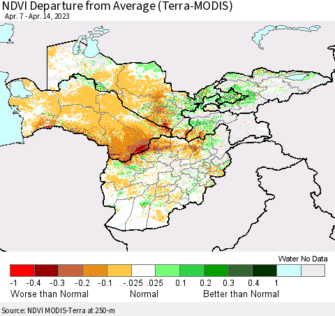 Central Asia NDVI Departure from Average (Terra-MODIS) Thematic Map For 4/7/2023 - 4/14/2023