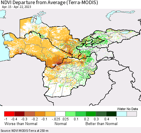 Central Asia NDVI Departure from Average (Terra-MODIS) Thematic Map For 4/15/2023 - 4/22/2023