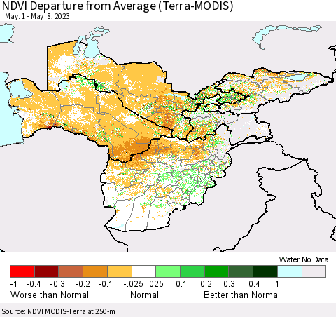 Central Asia NDVI Departure from Average (Terra-MODIS) Thematic Map For 5/1/2023 - 5/8/2023