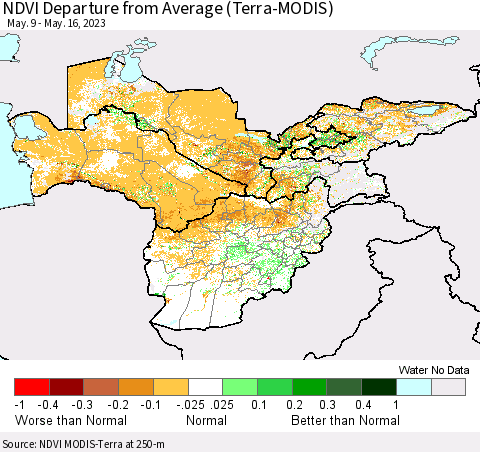 Central Asia NDVI Departure from Average (Terra-MODIS) Thematic Map For 5/9/2023 - 5/16/2023