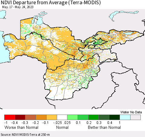 Central Asia NDVI Departure from Average (Terra-MODIS) Thematic Map For 5/17/2023 - 5/24/2023
