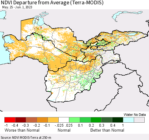 Central Asia NDVI Departure from Average (Terra-MODIS) Thematic Map For 5/25/2023 - 6/1/2023