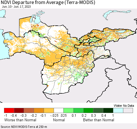 Central Asia NDVI Departure from Average (Terra-MODIS) Thematic Map For 6/10/2023 - 6/17/2023