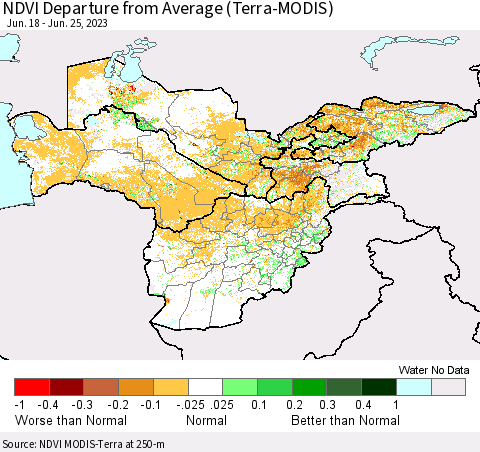 Central Asia NDVI Departure from Average (Terra-MODIS) Thematic Map For 6/18/2023 - 6/25/2023
