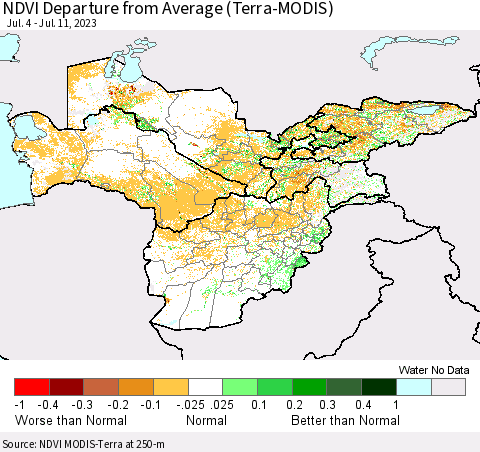 Central Asia NDVI Departure from Average (Terra-MODIS) Thematic Map For 7/4/2023 - 7/11/2023