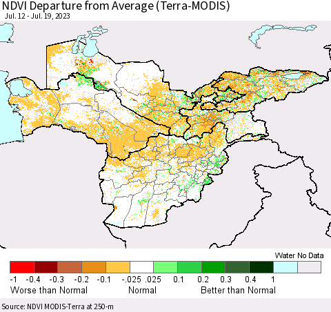Central Asia NDVI Departure from Average (Terra-MODIS) Thematic Map For 7/12/2023 - 7/19/2023