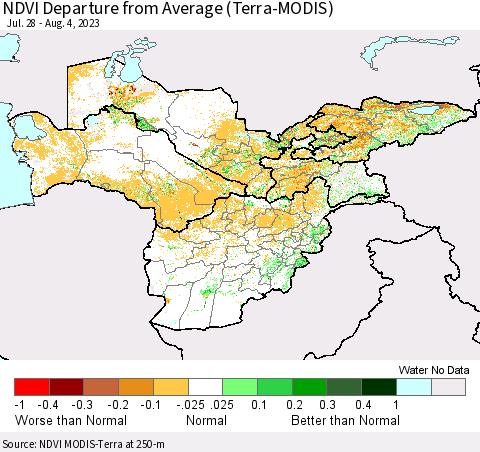 Central Asia NDVI Departure from Average (Terra-MODIS) Thematic Map For 7/28/2023 - 8/4/2023
