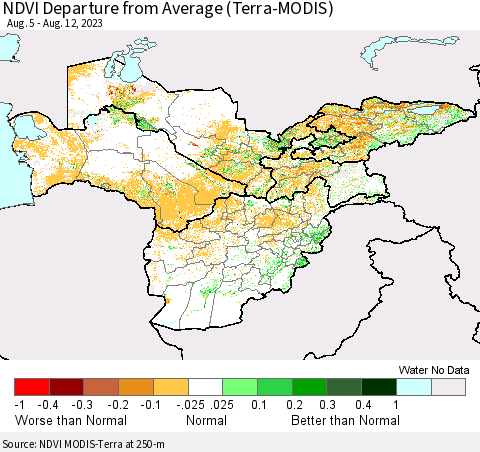 Central Asia NDVI Departure from Average (Terra-MODIS) Thematic Map For 8/5/2023 - 8/12/2023
